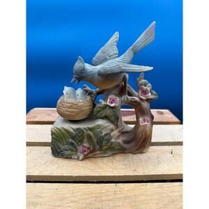 Vintage Blue Bird Amico Japan Music Box - Nest of Baby Birds Spinning